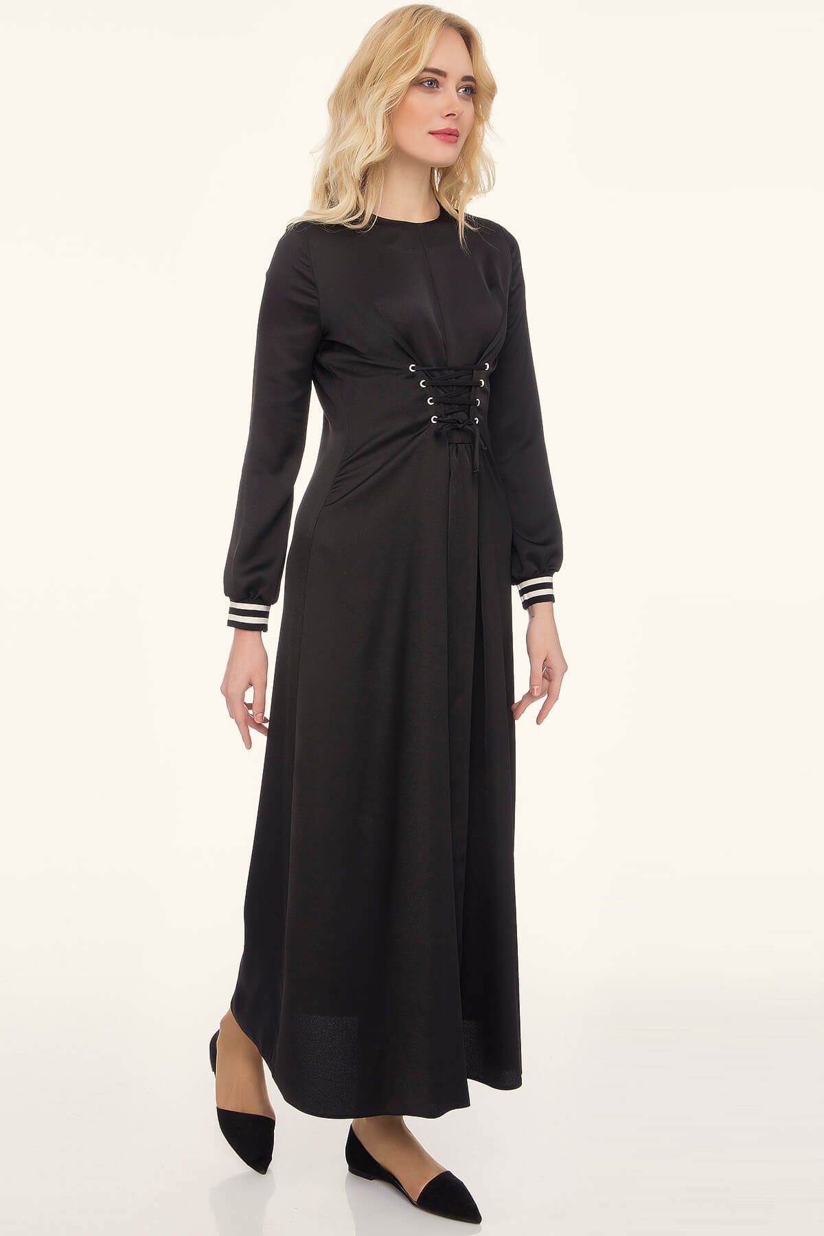Siyah Ribana Kollu - Bağcıklı Elbise